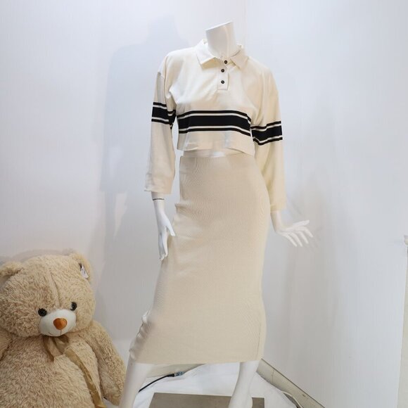 Zara cream ribbed midi knit Skirt + Blouse - Picture 2 of 2